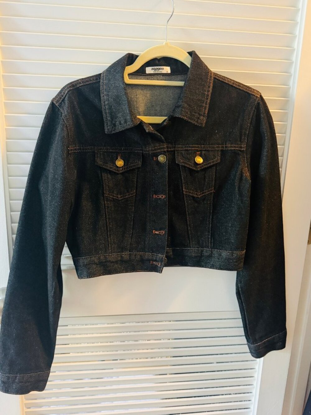 zeagoo Black Denim Cropped Trucker Jacket Size M Button Front